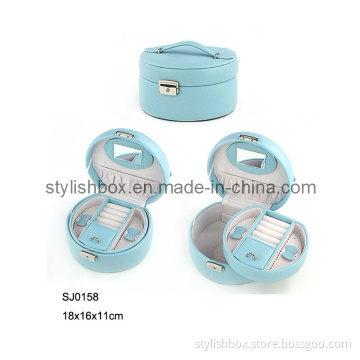 Portable Blue Round PU Jewelry Box (SJ0158)